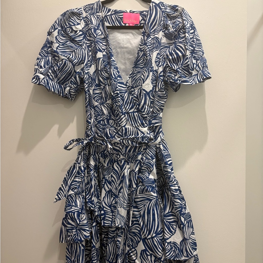 Lilly Pulitzer Blue and White Leaf Print Midi Wrap Dress